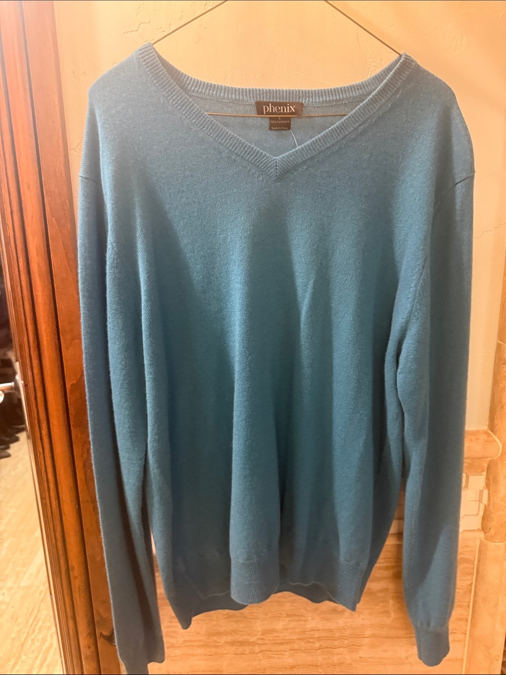 Phenix Men's V-Neck Sweater in Teal Blue 100% cashmere